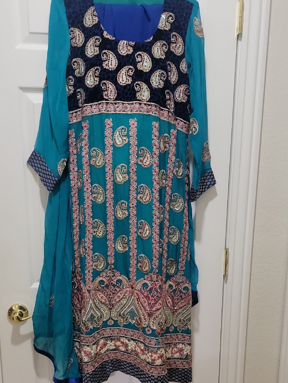 Teal Paisley Embroidered Long Sleeve Dress